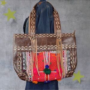 Vintage Addiction Bag Boho Patchwork Leather Tote Studded Fringe Embroidered‎